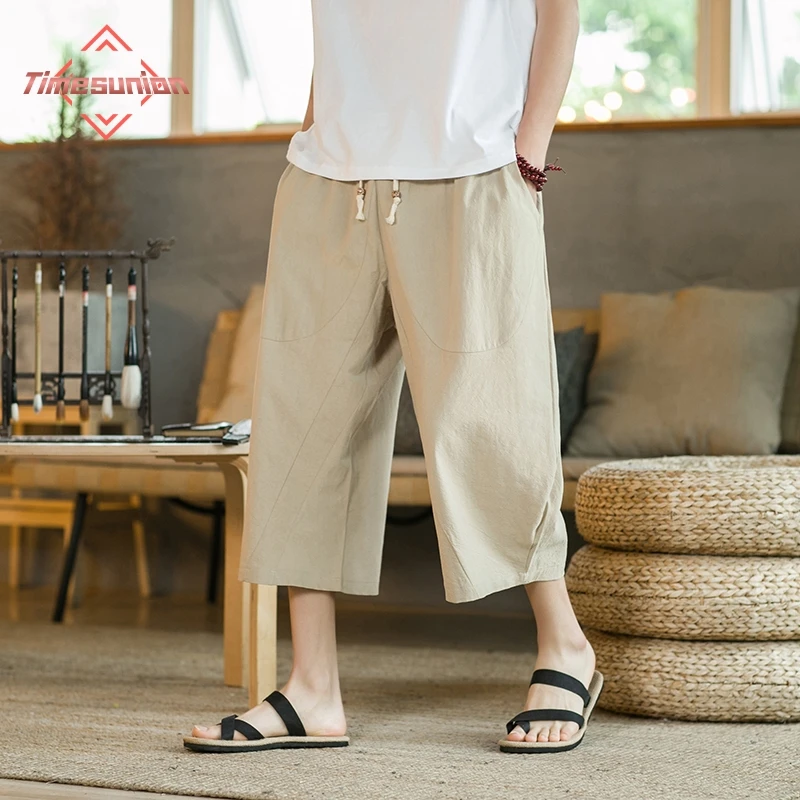 

Men Harem Pants Vintage Cotton Linen Elastic Waist Wide Leg Trousers Female Casual Solid Pockets Loose Cropped Pants