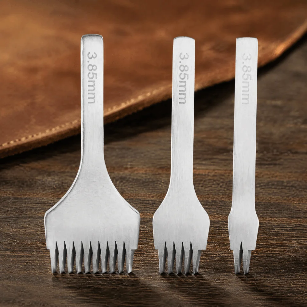 3pcs 2/5/10 Prong Options Leather Stitching Chisel Set 3.85mm Spacing Angled Chisel Edge Pricking Iron Tool