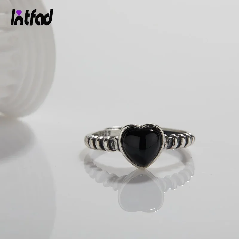 

925 Sterling Silver Ring 8mm Natural Black Agate Heart Ring for Girlfriend Anniversary Gift