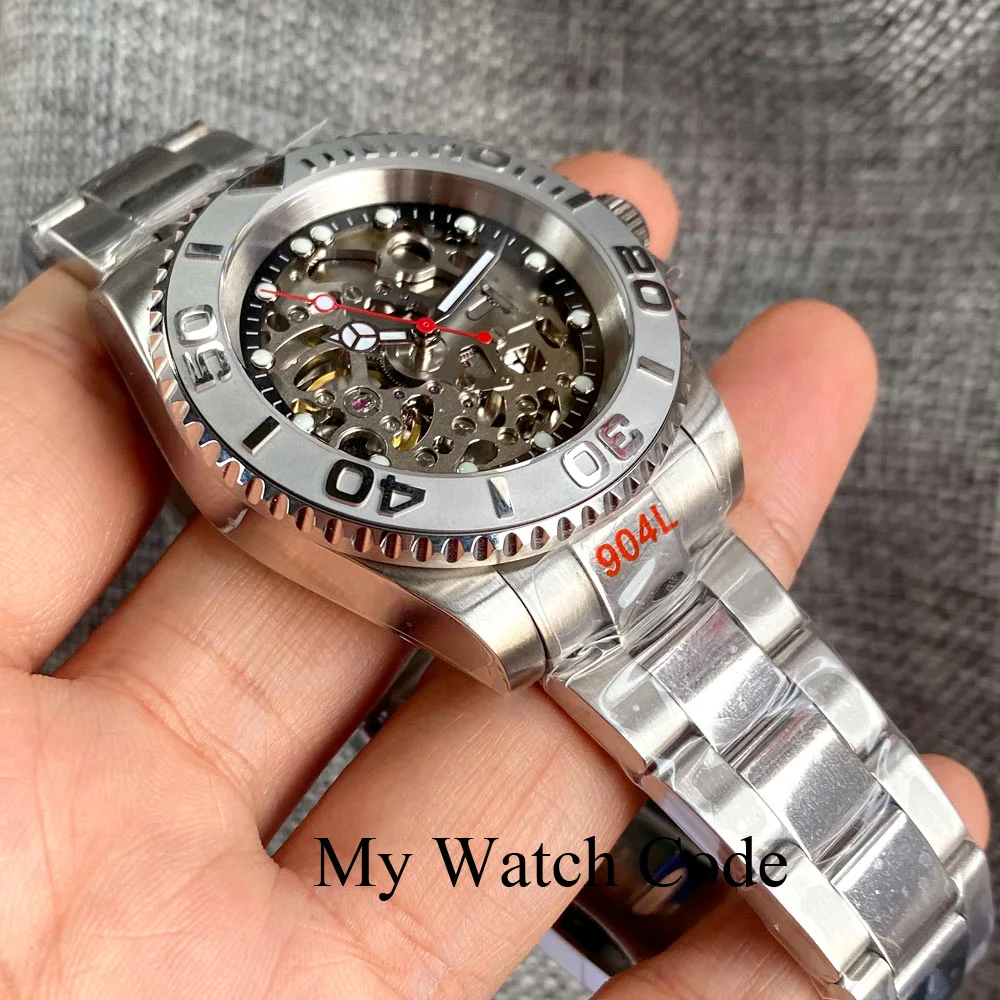 New Skeleton Mechanical Male Watch S NH70 Movt Hollow Dial Red Hand 120clicks Bezel Diver Wristwatch 20Bar Polish Strap