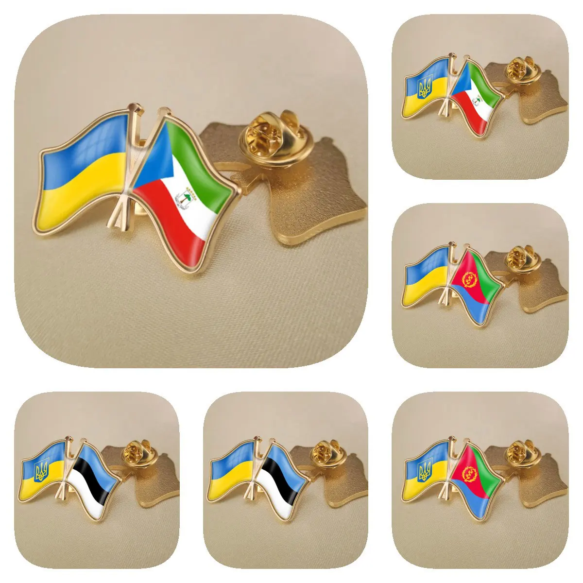 Ukraine and Equatorial Guinea Eritrea Estonia Double Crossed Friendship Flags Brooches Lapel Pins Bradges