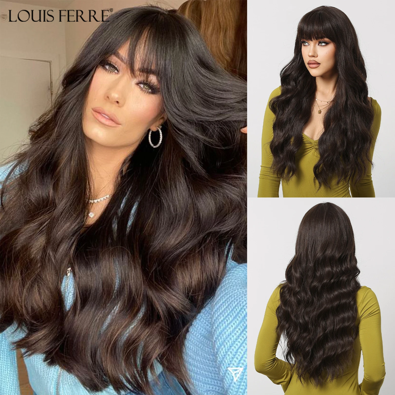 LOUIS FERRE Dark Brown Synthetic Wigs for Black Women Natural Hair With Bangs Natural Heat Resistant Wig for Daily Cosplay Fiber