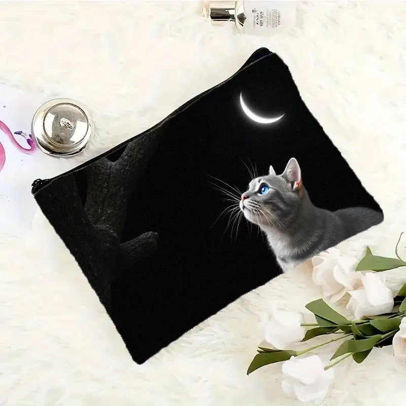 1 Piece of Cute Gray Cat Stargazing at the New Moon - Adorable Night Sky Animal Print Makeup Bag - Multifunctional Zipper Pouch for Women, Perfect Travel Zipper Storage Bag, Fun Birthday Gift