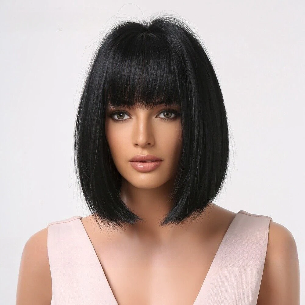 Peruca de cabelo preto curto para mulheres, cabelo liso respirável, uso diário, verão