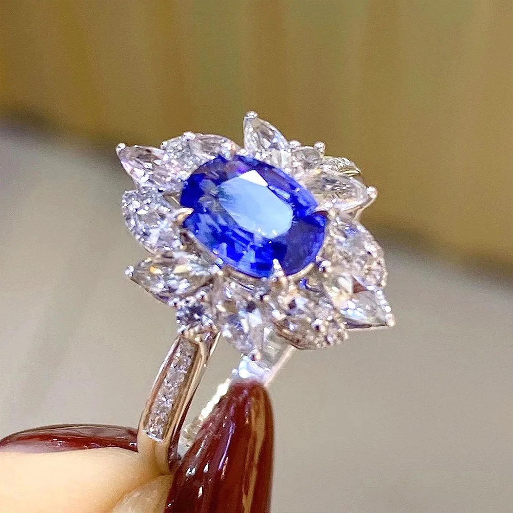 Luxury Cluster-set Marquise 5A Zircon Oval Imitation Sapphire Zircon Rings for Women High Quality Banquet Party Jewelry Gifts