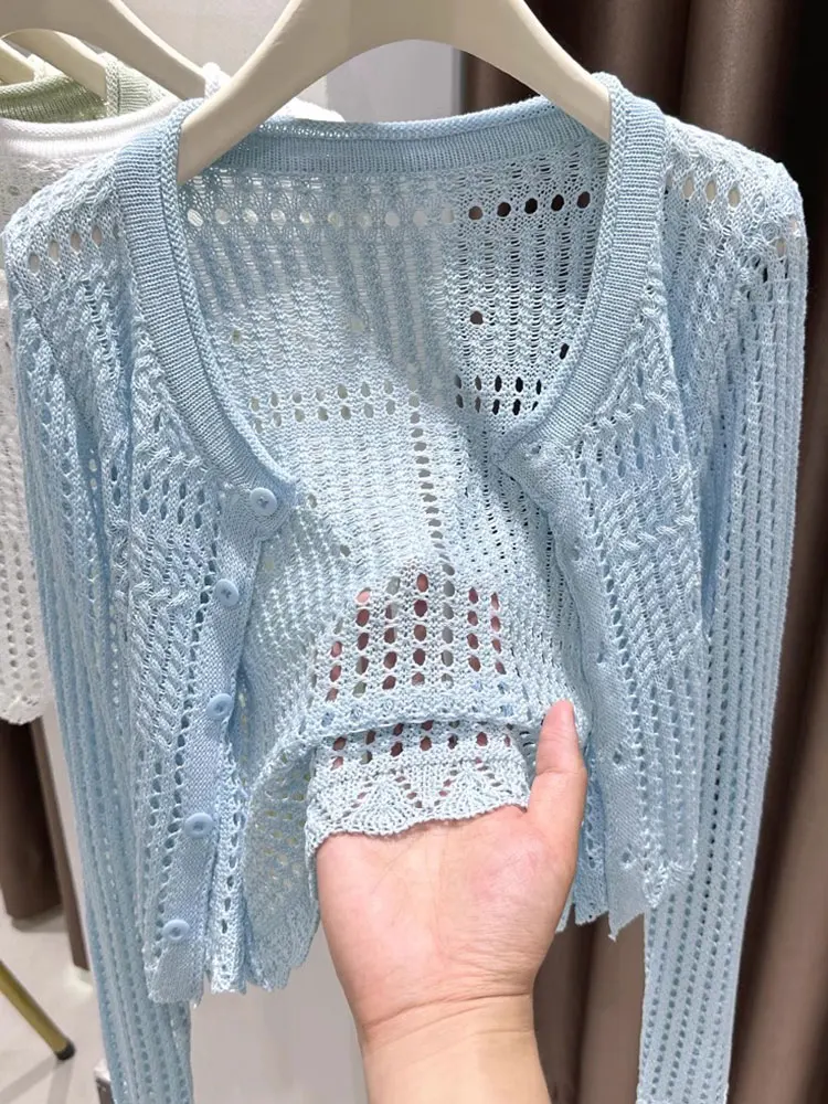 Cárdigan de punto fino de seda helada para mujer, estilo de verano para el día a día, manga larga, cuello redondo, con vestido tipo tirantes y abrigo exterior.