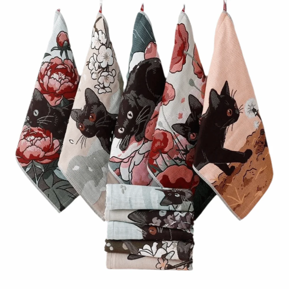 34x40cm Large Hand Towel Cat Pattern 4 Layer Cotton Gauze Pure Cotton Dish Cloth Decorative Quick Dry Tea Towel Home Restaurant
