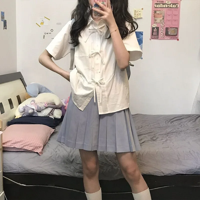 QWEEK White Preppy Lace Up Shirt Woman Loose Kawaii Jk Short Sleeve Blouses Summer Japanese Harajuku Fashion Casual  Aesthetic