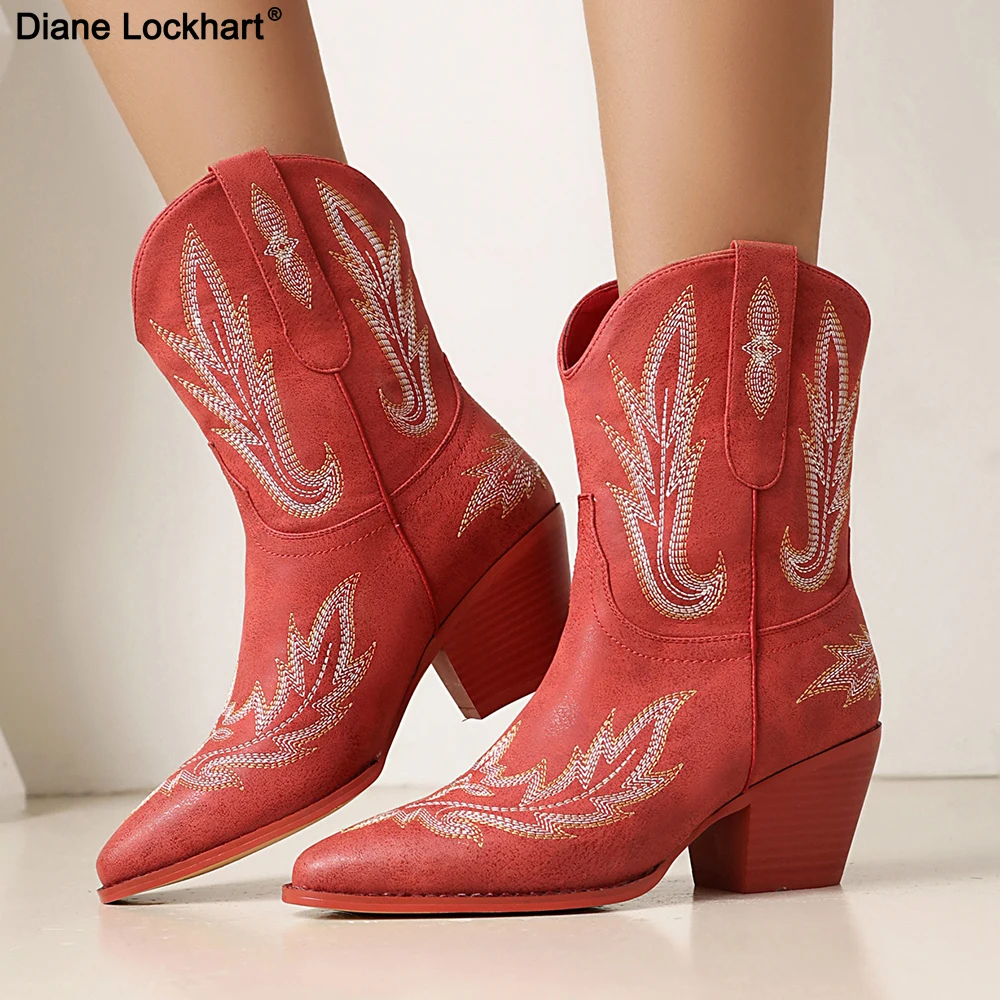 Cowgirl High Knee Boots 2024 New Trend Wedge Heels Embroidered Winter Shoes for Women White Red pointed Cowgirl Cowboy Boots