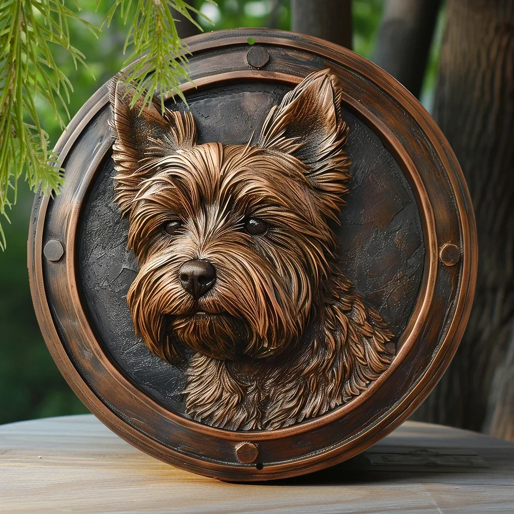 Aluminum Faux Embossing Painted Round Wreath Sign Bedroom Decoration Valentine\'s Day Gifts Yorkshire Terrier Themed Decoration