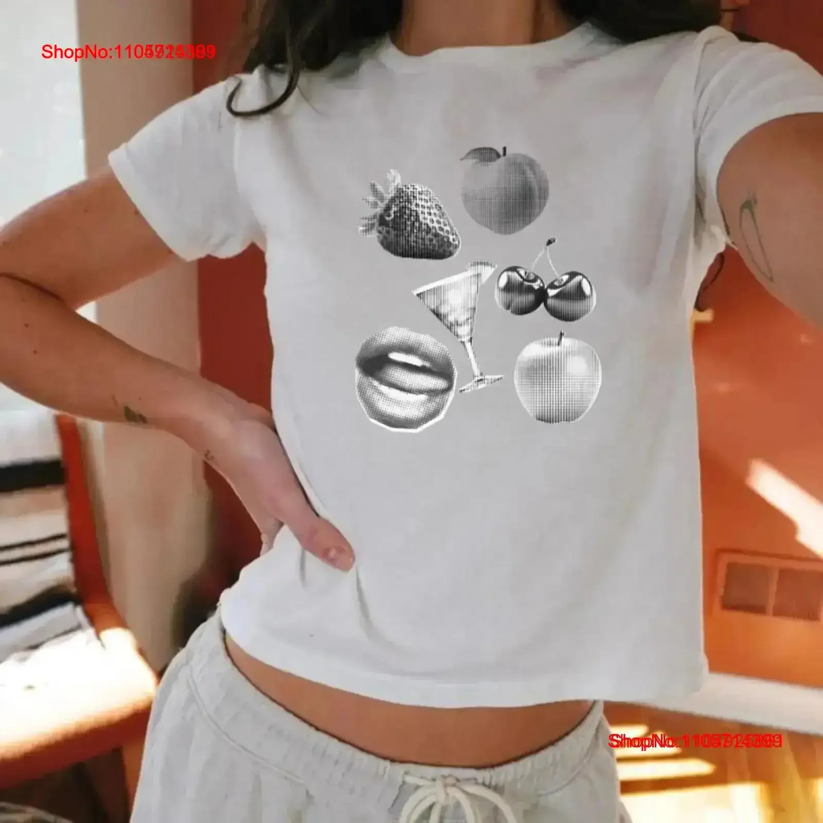 Trendy 90s Baby T Shirt Vintage Collage Newspaper Cutouts Lips cocktails and Fruits Seductive Magazine top Washed vintage