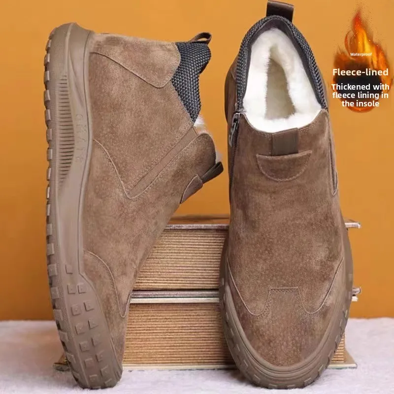 Men's High-Top Fleece Lined Winter Boots Waterproof Slip-Resistant Outdoor Leather Fur Integrated Shoes for Elderly And Youth