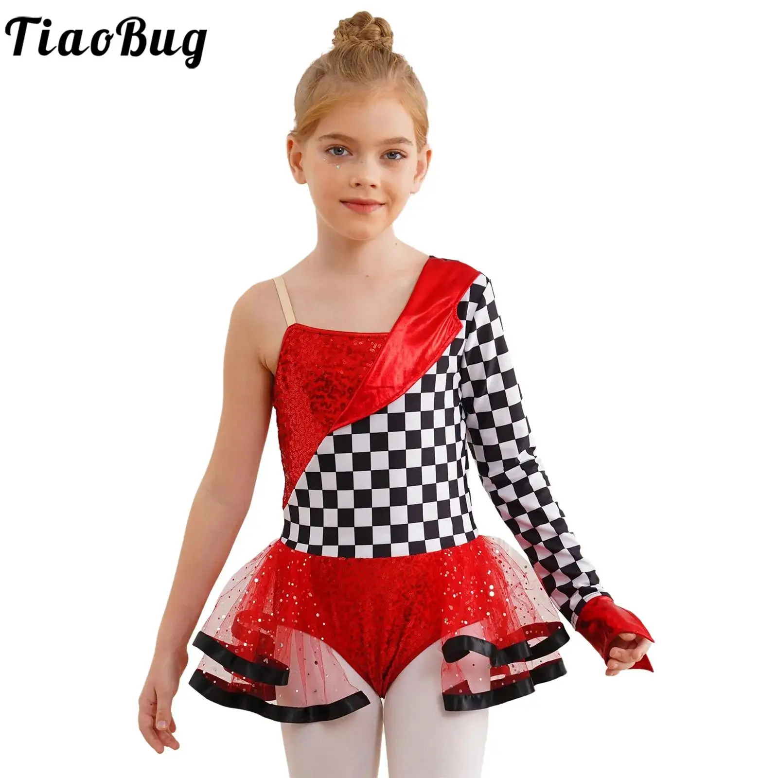 

Girls Racer Costumes Race Car Driver Tutu Dress One Shoulder Single Sleeve Checkerboard Dress for Halloween Cosplay Costume