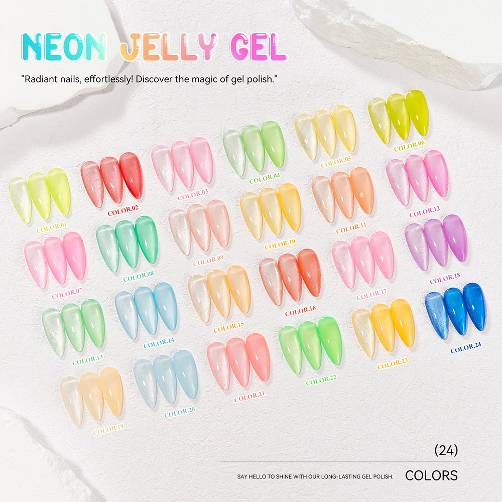 Vendeeni 24 Colors/Set Neon Jelly Gel Nail Polish TPO HEMA FREE Fluorescent Transparent UV LED Soak Off Gel Varnish With Display