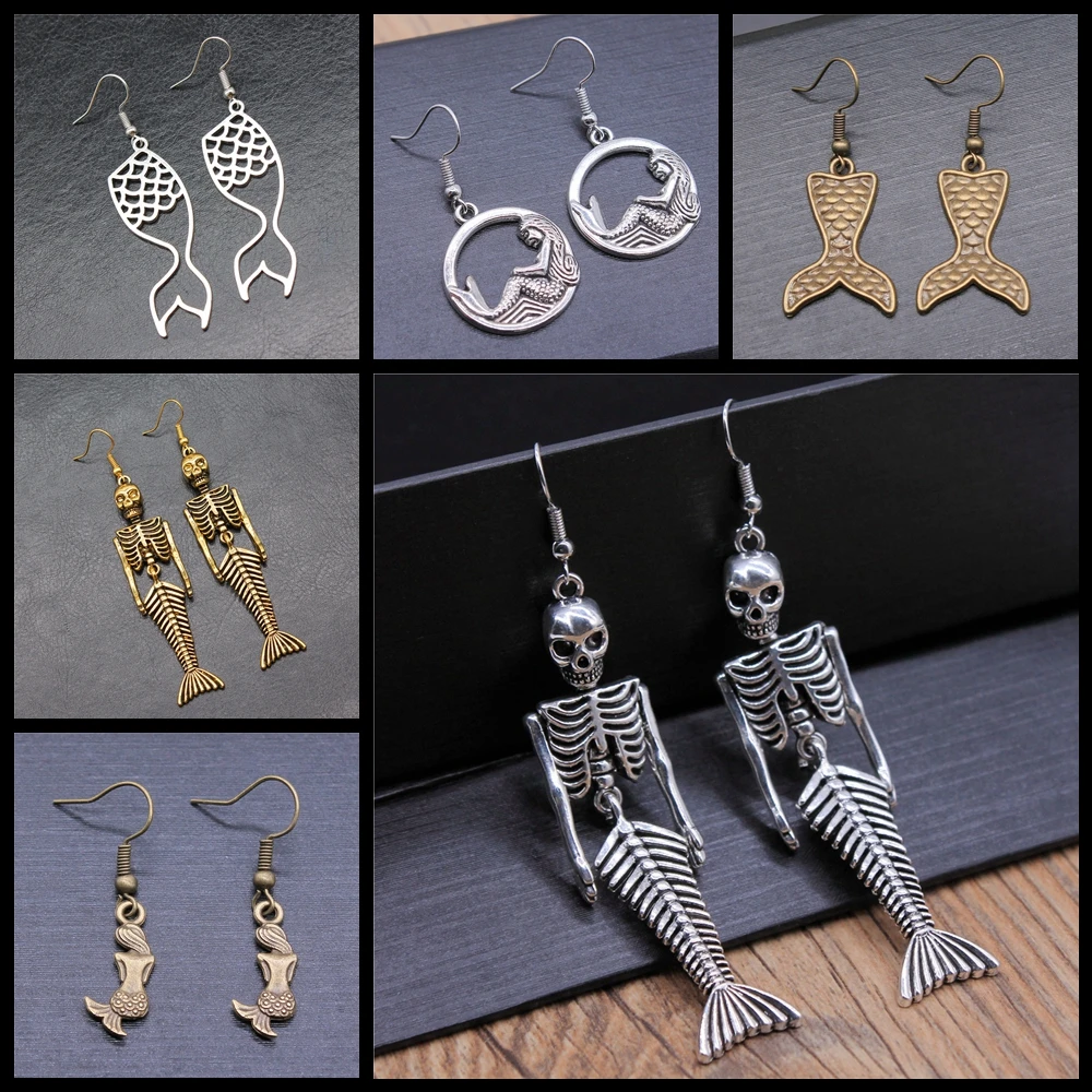 Mermaid Skeleton Earrings For Women Goth Jewelry Accessories Punk Fashion Long Dangle Flash Earrings Holiday