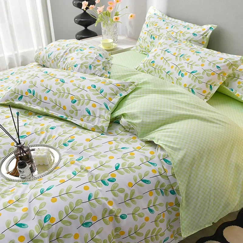 New Bedding Sets with Plant Printing Cheap Skin Friendly Duvet Cover Set for All Seasons 3/4 Pcs Single Double Bed Sheet Set