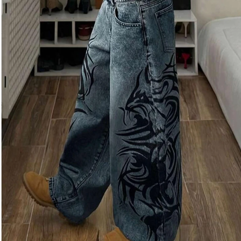 Y2K American Street Women Vintage Faded Baggy Jeans Abstract Side Print High Waist Wide Floor Denim Summer 2026 Casual Pants