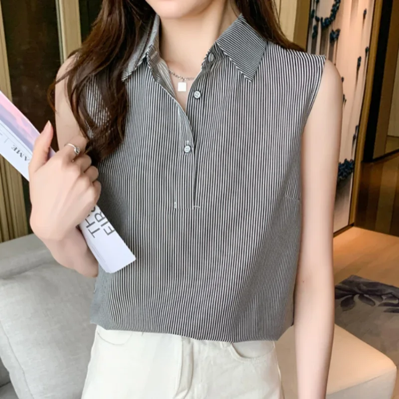 Fashion Summer Blouses for Women Stripe Womens Tops Shirt Chiffon Sleeveless Womens Blouses Basic Clothes for Women Sexy Blouse