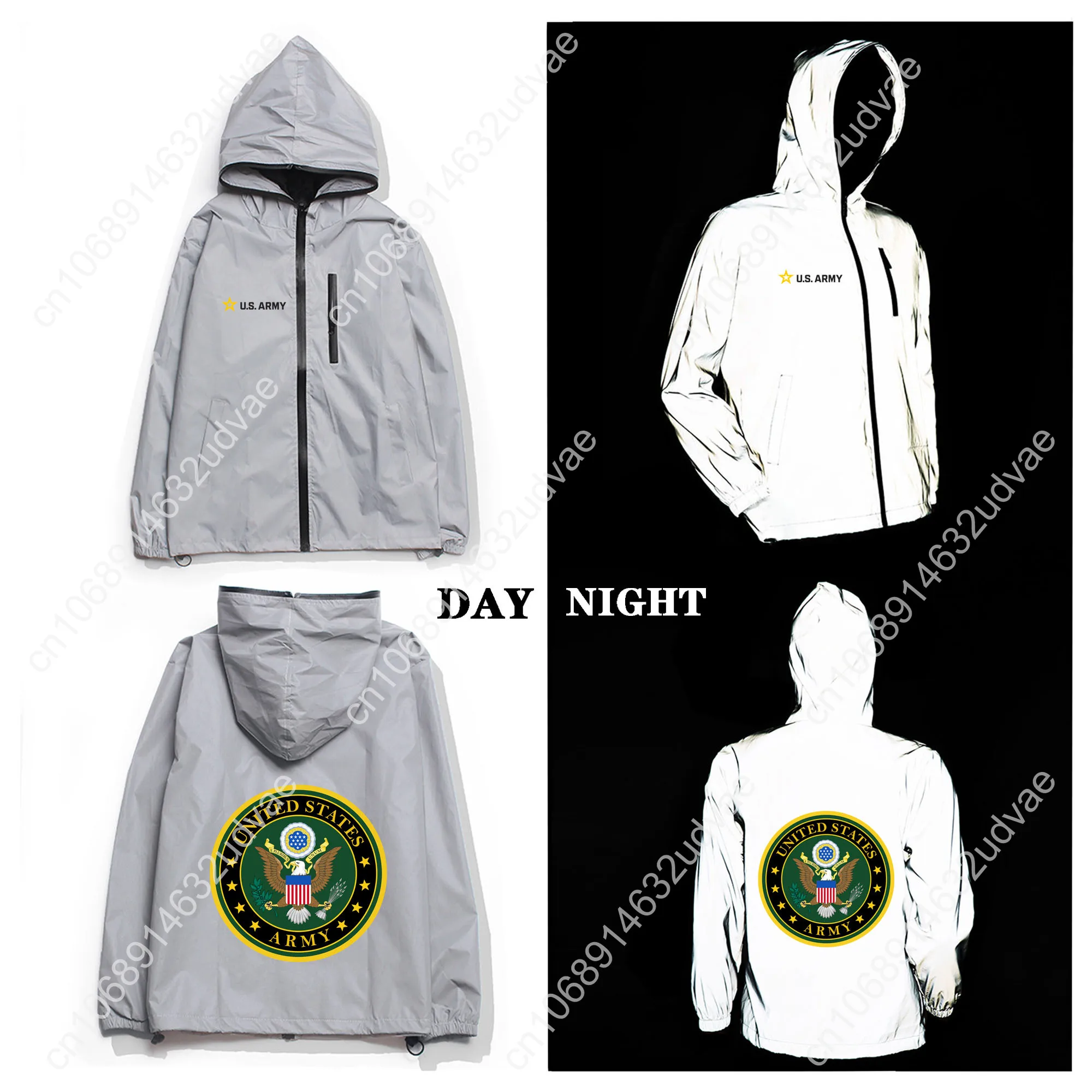 Chaqueta reflectante del ejército de los Estados Unidos, abrigo para hombre y mujer, cortavientos con capucha, chaquetas de bolsillo para correr, Sudadera con capucha personalizada con cremallera para ciclismo