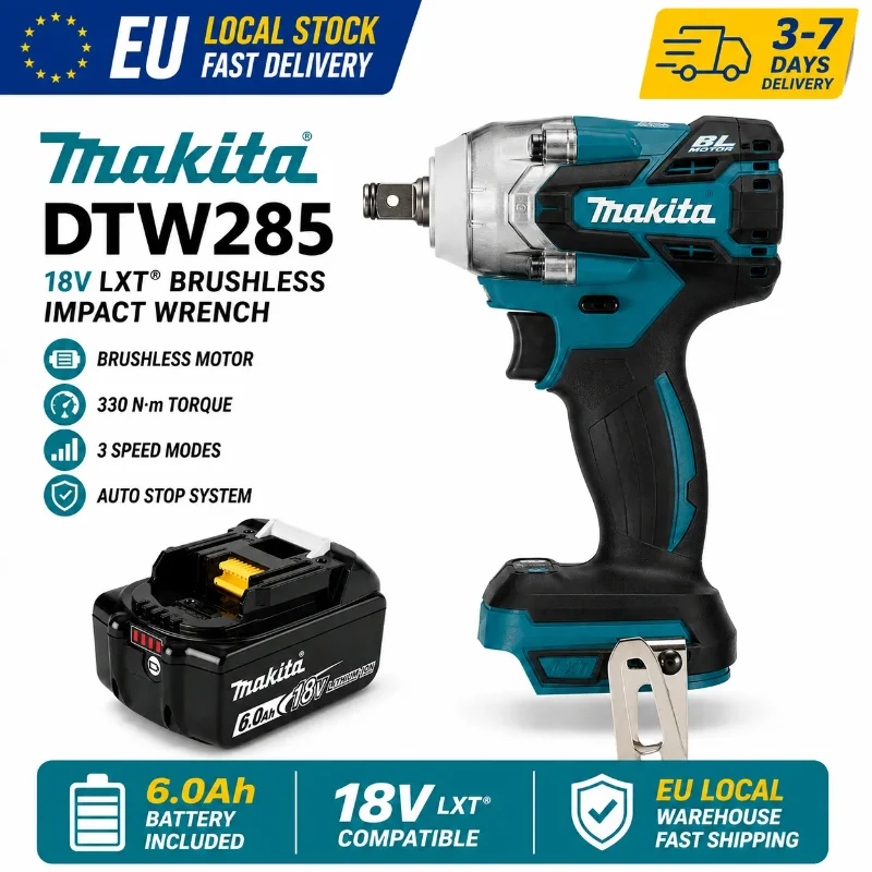 Makita DTW285 18V 320N·m Bürstenloser Schlagschrauber 1/2" Akku-Elektrowerkzeug mit 6,0Ah Akku Kompatibel mit LXT EU-Lager 1–3 Tage Lieferzeit