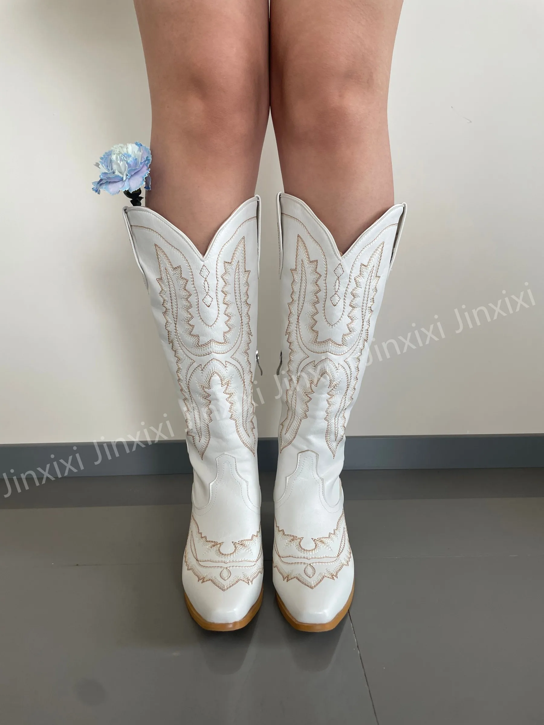 

White Leather Cowboy Boots 15 Colors Embroidery Big Size Zipper Knee High Boots Western Curvy Legs Friendly Wedding Party Shoes