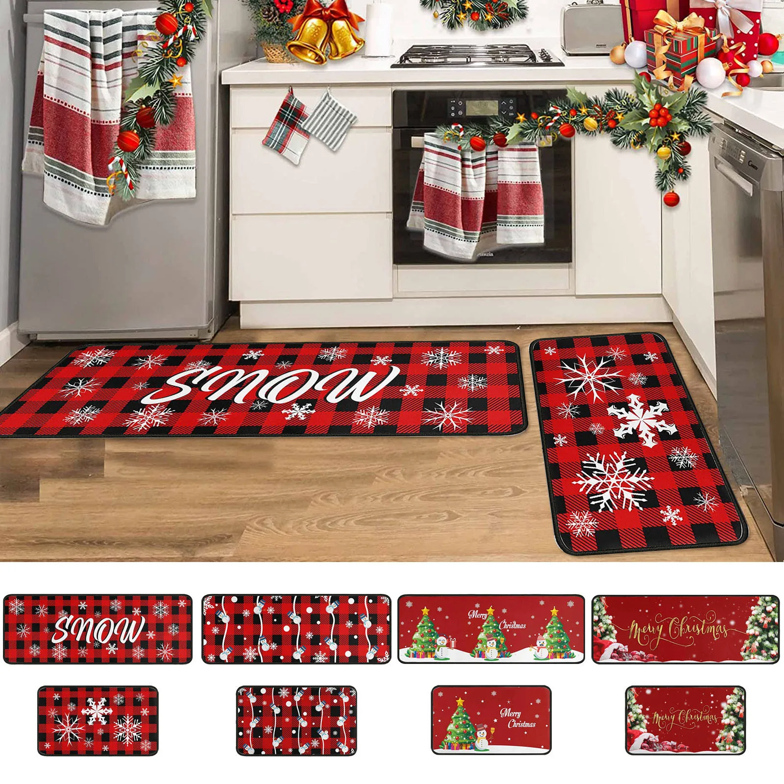 

Merry Christmas Gnome Xmas Tree Pattern Kitchen Rugs Living Room Bedroom Entrance Carpets Balcony Bathroom Non-slip Floor Mats