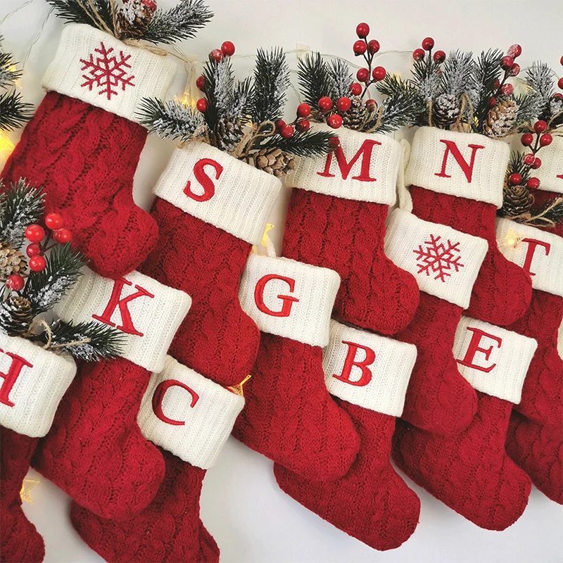 Letters Christmas Knitting Stocking Christmas Tree Pendant Decorations for Home Xmas Gift Snowflake Alphabet Christmas Socks Red