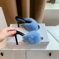New imported mink fur slippers, hairy shoes, high heels, slim heels, European and American sexy women's shoes for parties