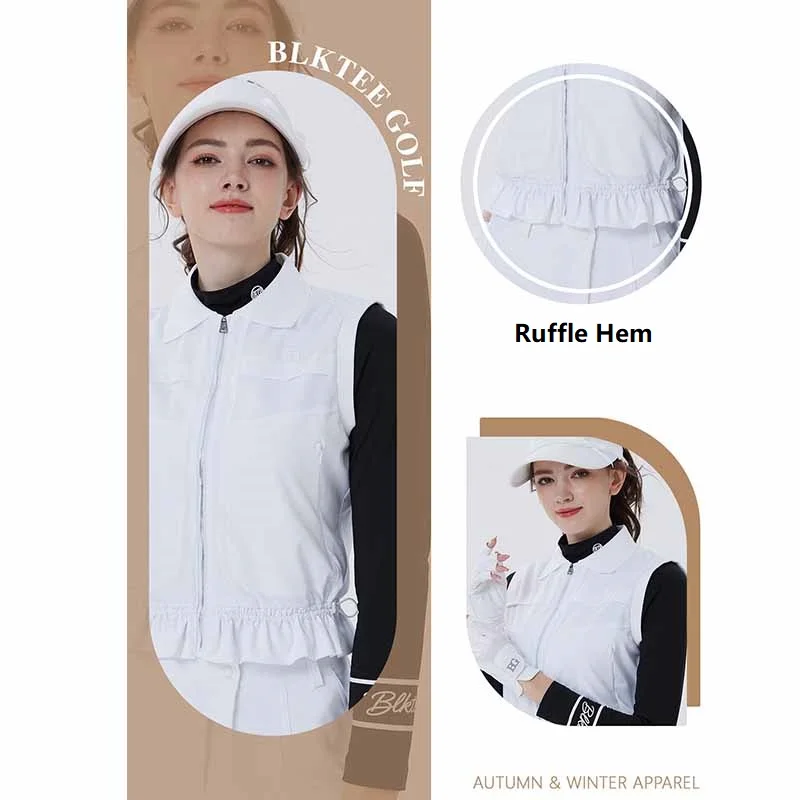 Blktee Winter Autumn Golf Vest Women Sleeveless Zipper Cargo Jacket Ladies Ruffle Hem Lapel Sports Tops Ladies Slim Golf Coat