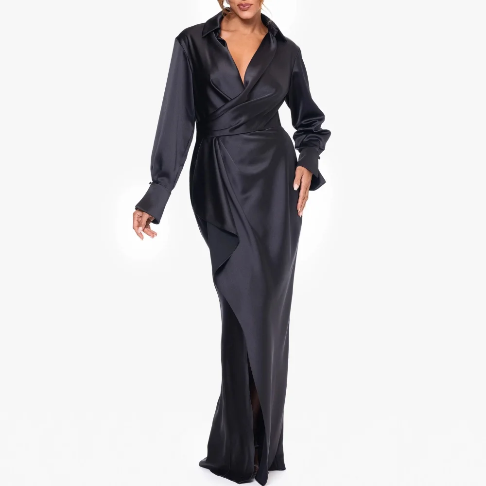 

Formal Customized Mother Dresses Elegant Black Wedding Party Dress Mermaid V Neck Long Sleeve Gowns robes invitée mariage