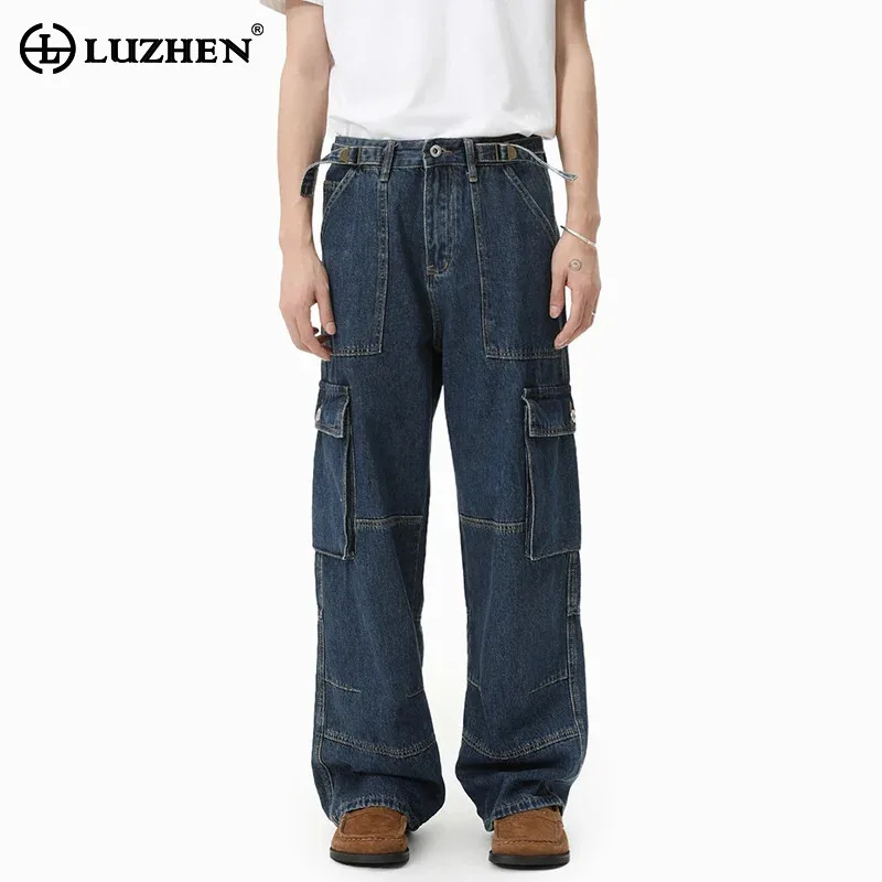 กางเกงยีนส์คาร์โก้ทรงตรง LUZHEN 2025 แฟชั่นใหม่ สีพื้น ดีไซน์กระเป๋าเยอะ ผู้ชาย ของแท้ คุณภาพสูง ทรงหลวม รุ่น JY4637