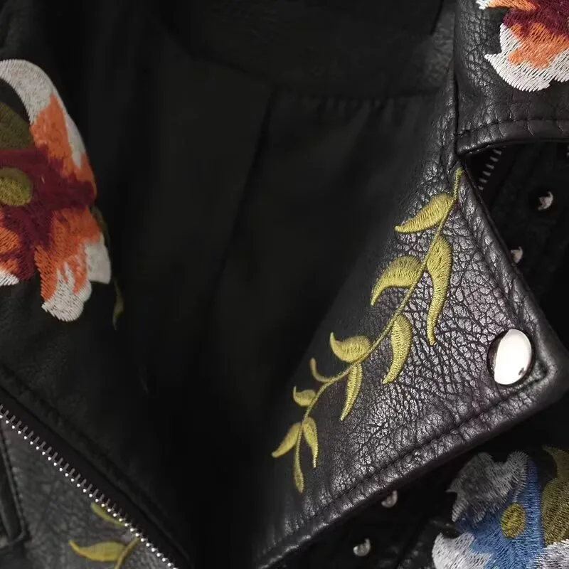 Women 2026 Spring Autumn New Hot Selling Fashion Embroidered Moto Biker PU Leather Slim Fit Cropped Jacket Coat Trendy Chic Best