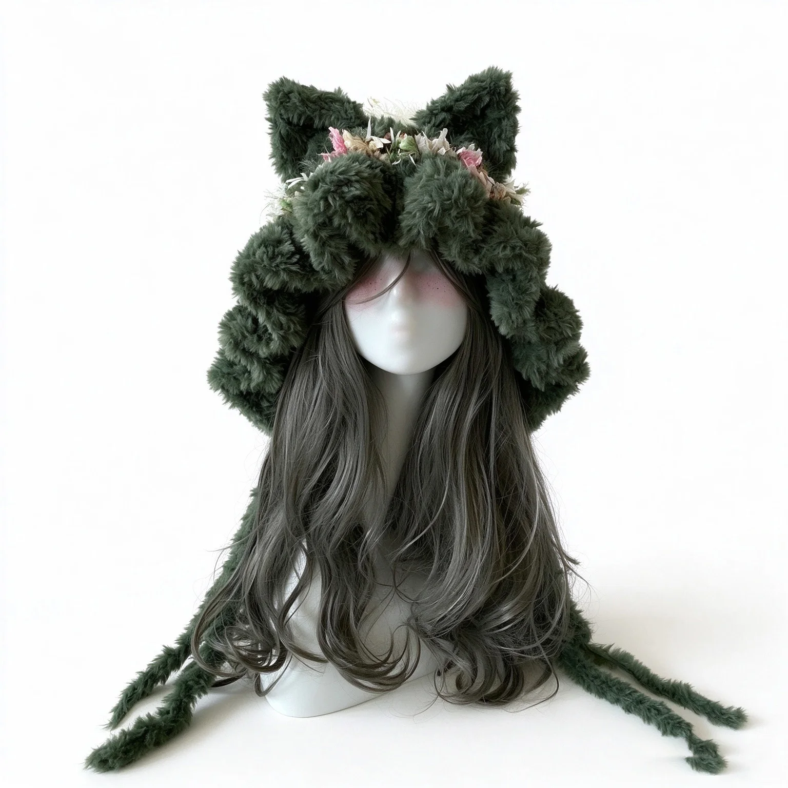 Handmade Green White Cat Ear Hood Hat Women Winter Custom Crochet Plush Floral Ruffled Brim Beanie Girls Cosplay Kawaii Caps