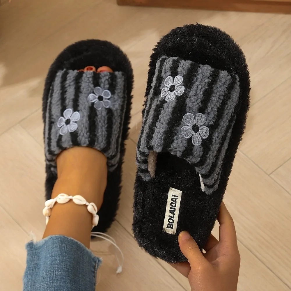 Ins Flower Fur Indoor Slippers Colorful Striped Short Home Slippers Keep Warm Anti-slip Winter Cotton Slides Autumn