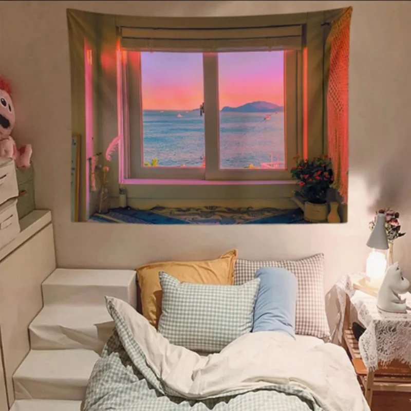 Fake Window Sea View Tapestry Polyester Aesthetic Wall Hanging Sunset Ocean Scenery for Bedroom Dorm Photo Backdrop