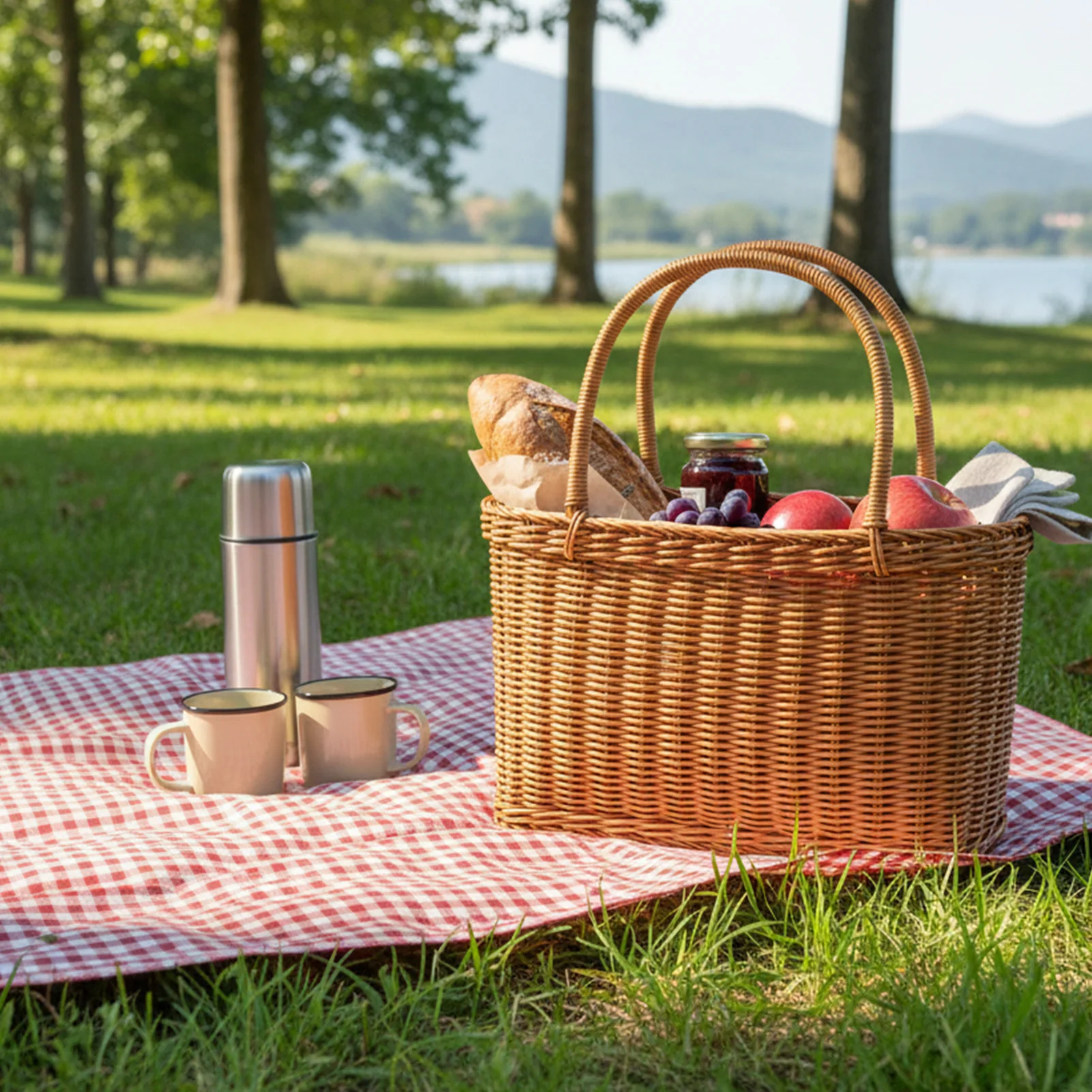 Natural Rattan Wicker Basket With Handle For Shopping And Picnic Handwoven Storage Organizer Basket