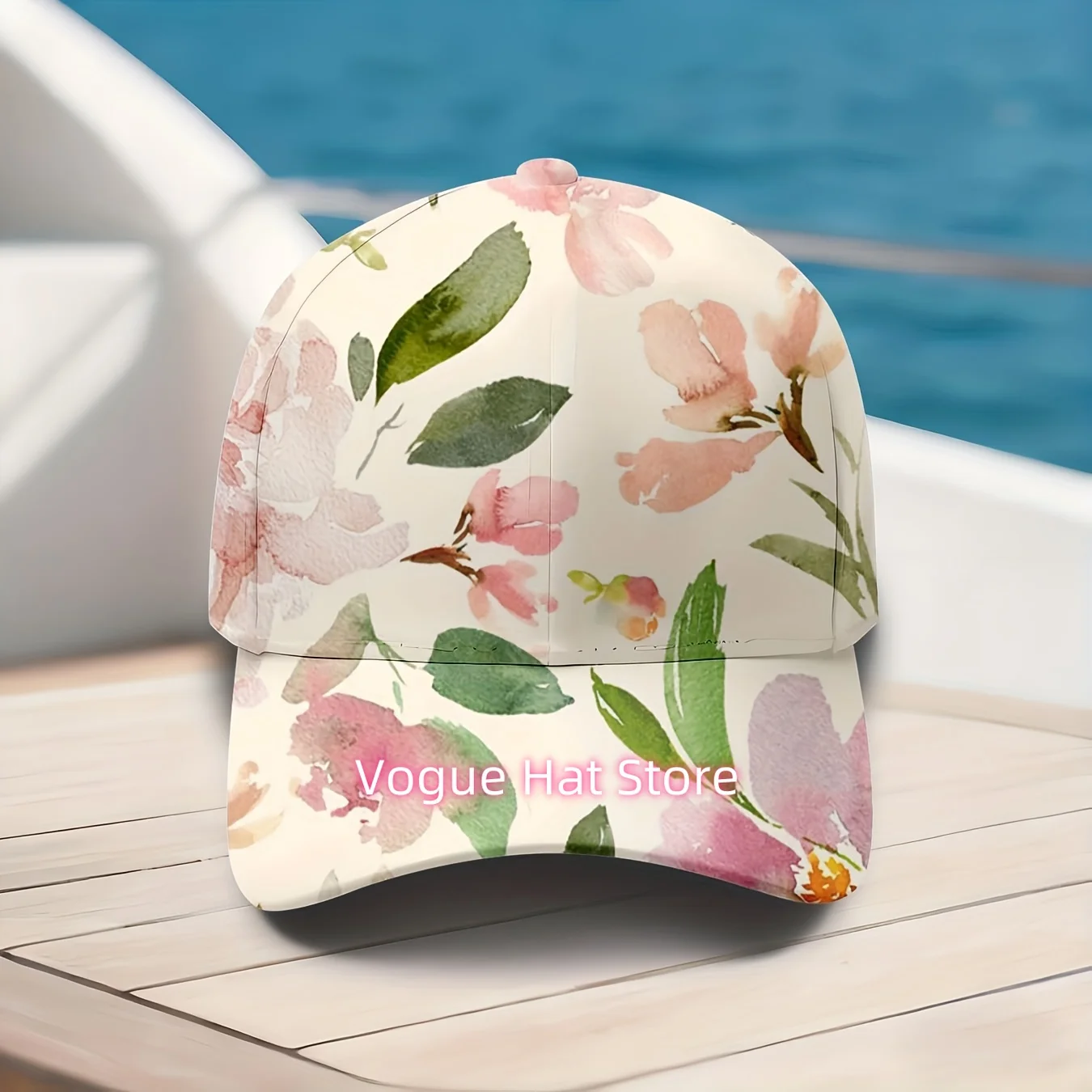 Baseball Cap with a Pink Floral Design, Featuring a Watercolor Flower Pattern. This Fresh Pastoral Hat Is Adjustable for Both Me