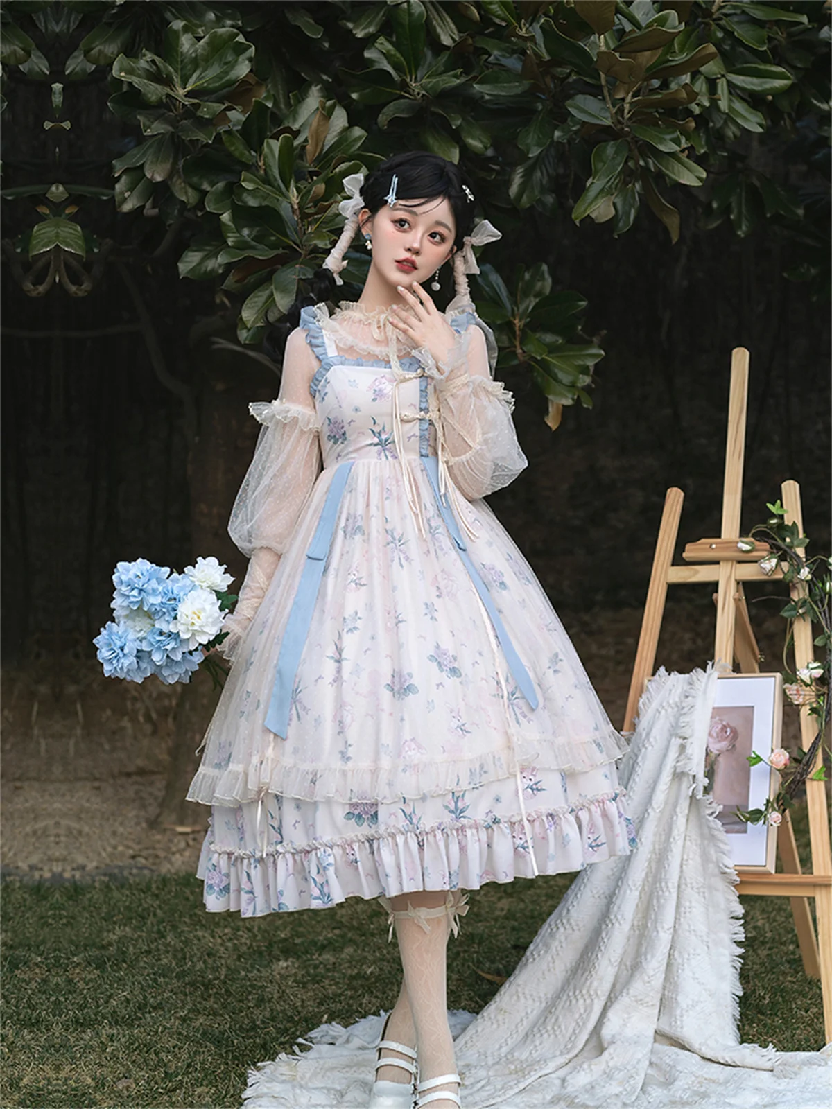 Chinese Idyllic Style Cosplay Lolita Sweet Girls Jsk Cute Loli Lace Ruffle Printing Gentle Rabbit Tulips Mesh Ribbon Dress