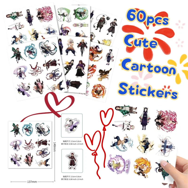 

60PCS Ghost Slayer Anime Peripheral Standing Painting Stickers Creative Stickers DIY Mobile Computer Laptop Decoration Gifts