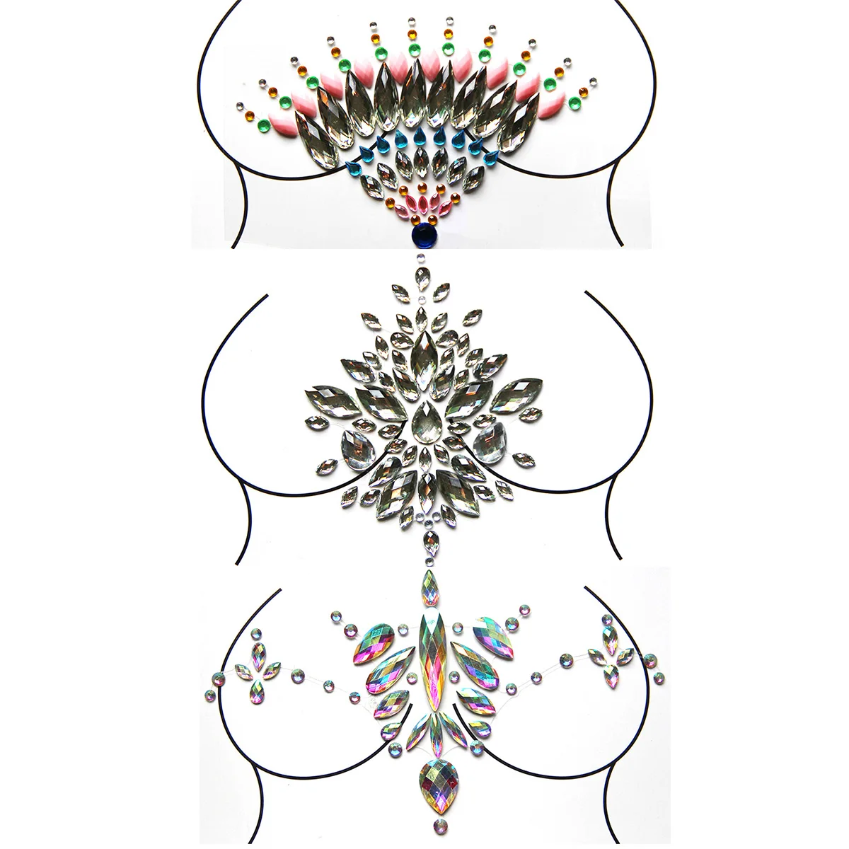 3pcs/Set Breast Jewel Sticker Chest Gem Glitter Rhinestone Temporary Tattoo Decoration Jewels Body Art Decor