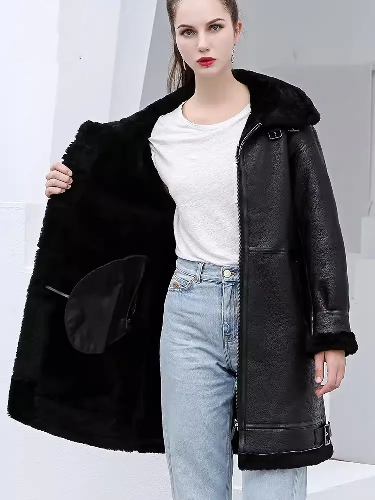 Street Winter Women Thicken Warm Lambwool Genuine Leather Jacket Zipper Middle Length Real Fur Coat Female Shearling Overcoat