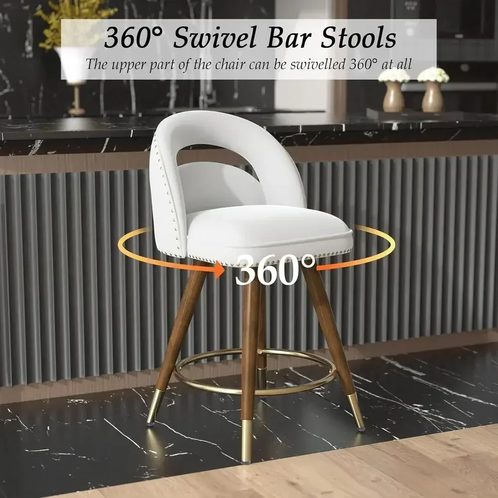 Pair of 24 Swivel Bar Stools, Cream Velvet Upholstery, Counter Height with Backs, Solid Wood Legs view 4