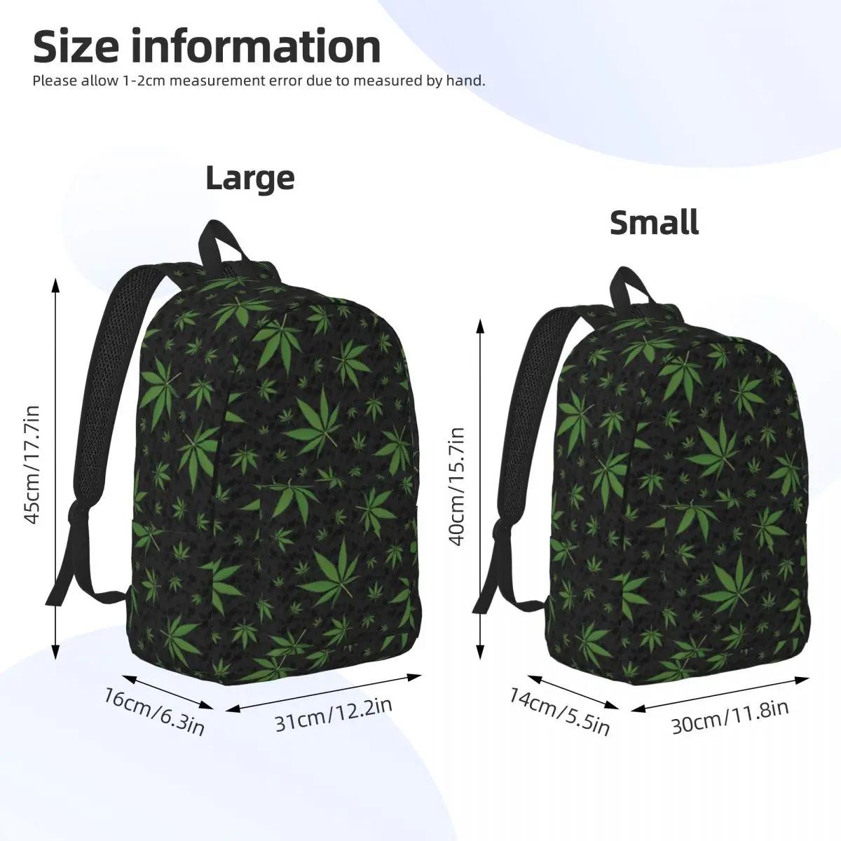 Mochila Canvas Padrão de Folha de Erva Daninha com Bolso para Homens e Mulheres, Panela de Trabalho Escolar, Mochila Herb, Laptop, Computador, Moda