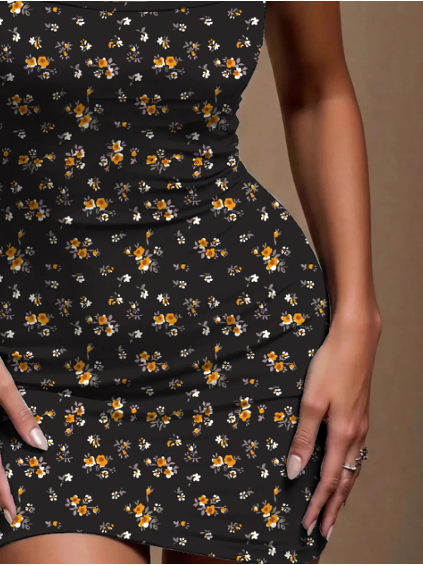 Damen-Sommerkleid, sexy, modisch, lässig, elegant, mit tailliertem Schnitt, quadratischem Ausschnitt, ärmellos, mit Blumenmuster, Minirock. – Detail 6