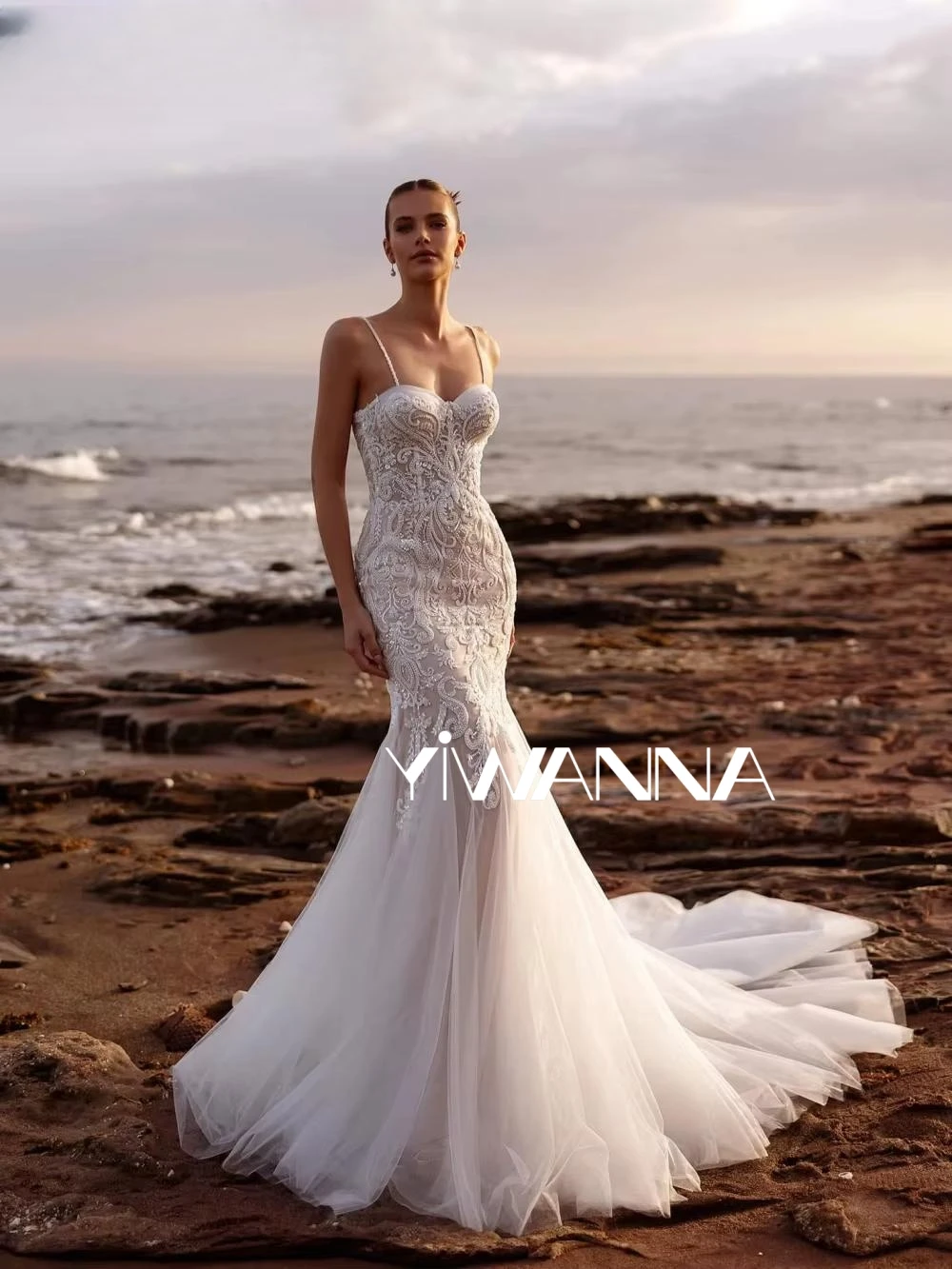 

Exquisite Beaded Pearls Mermaid Wedding Dress Charming Sweethheart Neck Bridal Gown Customized Tulle Long Dresses For Bride