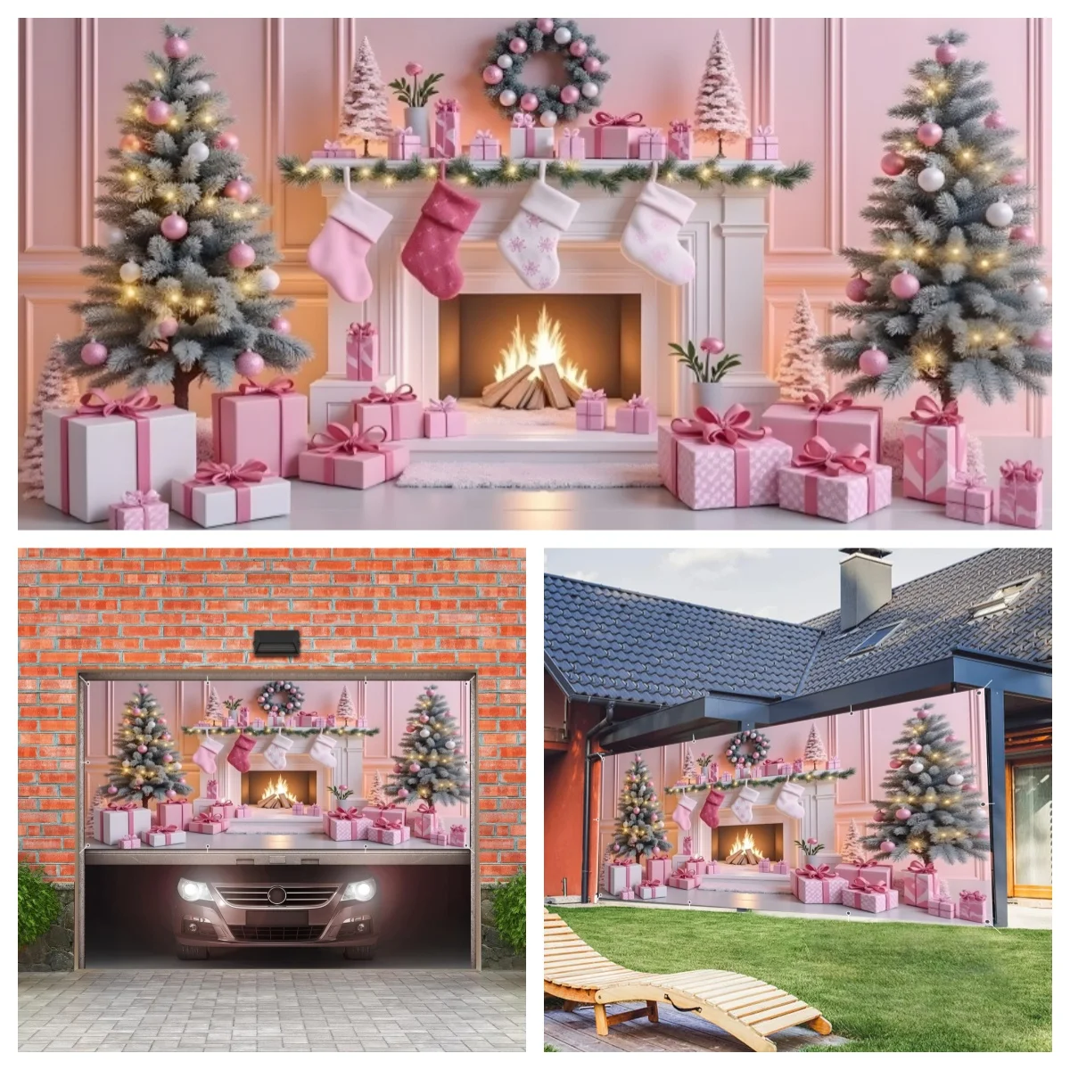 Natale rosa camino porta del garage sfondi albero di Natale ghirlanda calzini regali cornice della parete del garage per l'arredamento del cortile di casa all'aperto