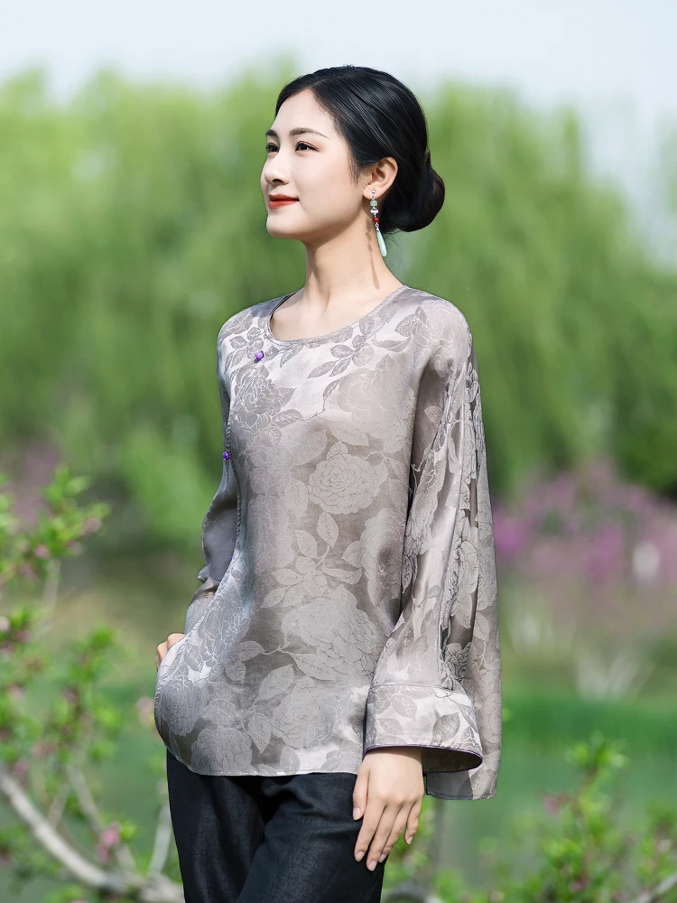 

Loose Long Sve round Ne Silk irt Traditional Chinese Sle Tang Suit Casual Wear Comfortable Fit Women's Faion Top