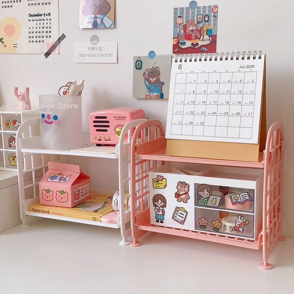 Estante de almacenamiento plegable de doble capa de escritorio Ins, artefacto de almacenamiento plegable para dormitorio, instalación gratuita, escritorio, estante para artículos diversos para niña