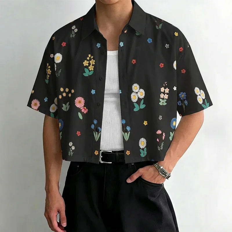 

Summer Full Printed Short Sleeved Shirt European and American Casual Fashion Vacation Style Men's Vintage Floral Cropped Shirts