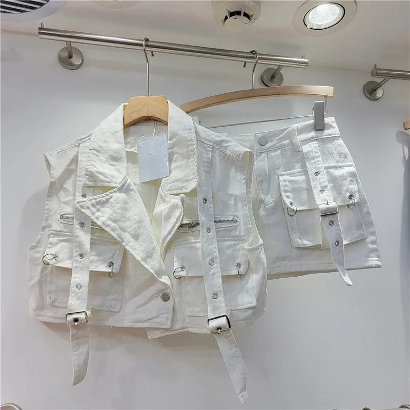 YEAE 레트로 핑크 빅 포켓 디자인 툴링 데님 슈트 여성 민소매 조끼 짧은 하이 웨이스트 힙 스커트 조수